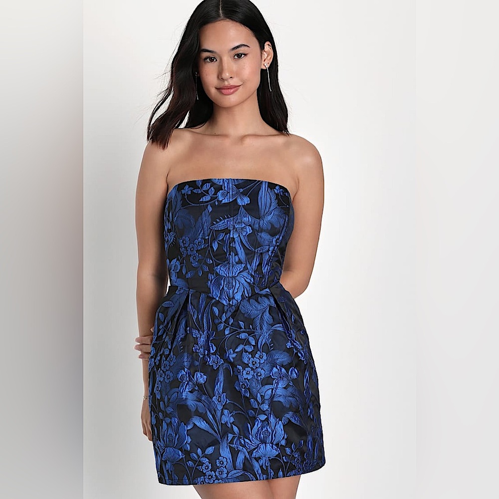 Lulus| Magic Nights Black Floral Jacquard Strapless Dress With Pockets